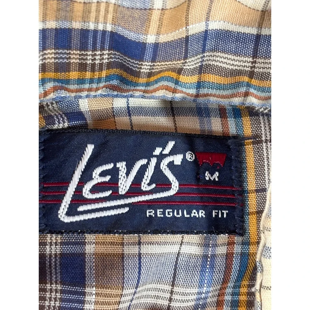 Levis Mens Regular Fit Western Pearl‎ Snap Plaid Long Sleeve Shirt Blue Tan M